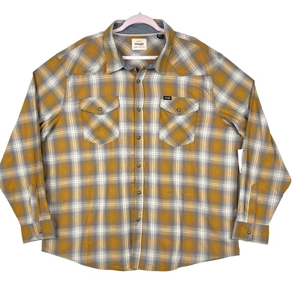 Wrangler Plaid Shirt Men’s 2XL Orange Gray Flap Pockets snap Lightweight Flannel - Picture 1 of 13